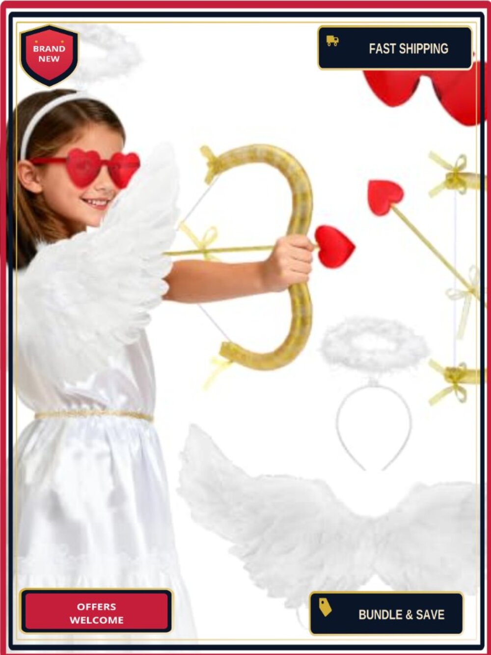 Girls Cupid Costume Set 5 Pcs Wings Halo Bow Arrow Heart Glasses Dress Up